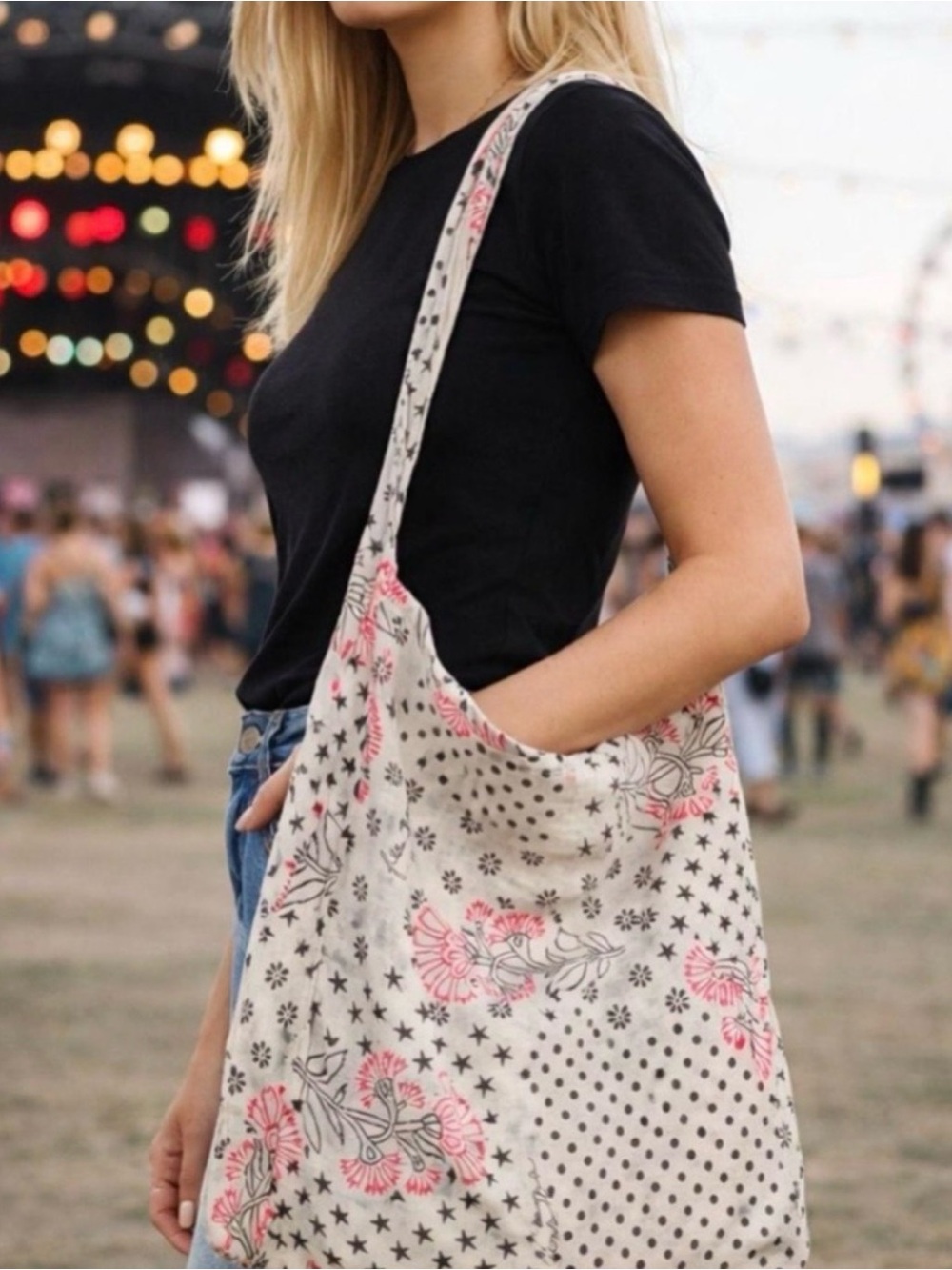 Free People Cream Gauze Tote with Pink Floral and Black Star Print